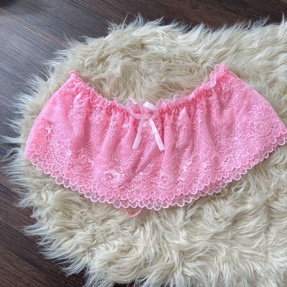 NWOT pink lace ruffle Thong Bow Skirt Lingerie Bloomers L